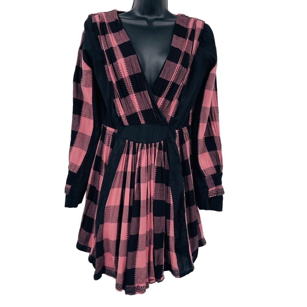 Free People New Romantics Gingham Journey Dress Size S Pink Black Plaid‎ Pleated
